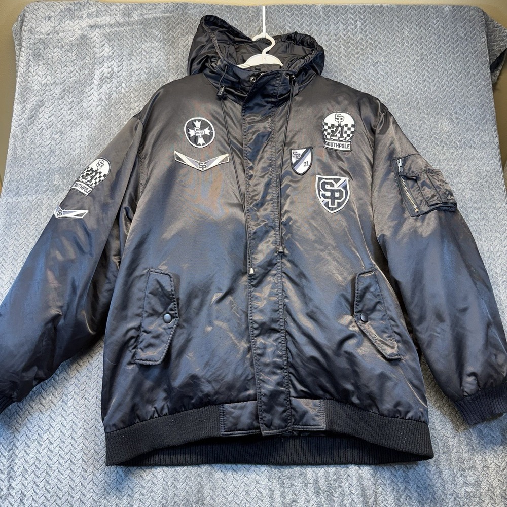 Vintage Southpole Jacket Men Large Black Y2K Puffer Bomber Patch Hooded Hip Hop